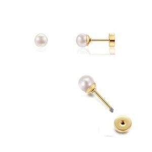 6mm Pearl Stud Earrings /Flat Screw Back/ Gold Pearl / Hypoallergenic
